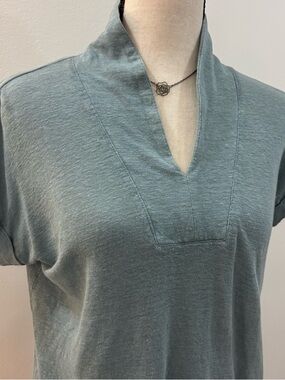 Jones & Co. Linen High Neck Shirt Sleeve Slate Blue Summer Blouse Womens XS